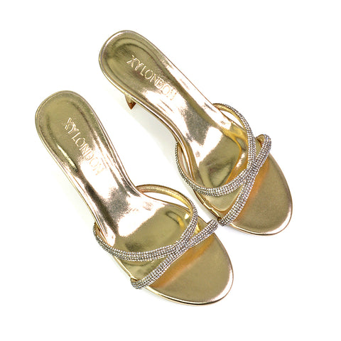 Paxton Diamante Strappy Mid High Heel Party Stiletto Mule Sandals In Gold