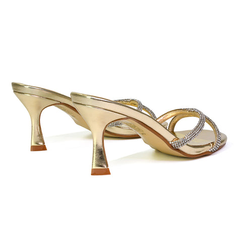 Paxton Diamante Strappy Mid High Heel Party Stiletto Mule Sandals In Gold