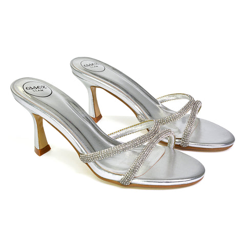 Paxton Diamante Strappy Mid High Heel Party Stiletto Mule Sandals In Silver