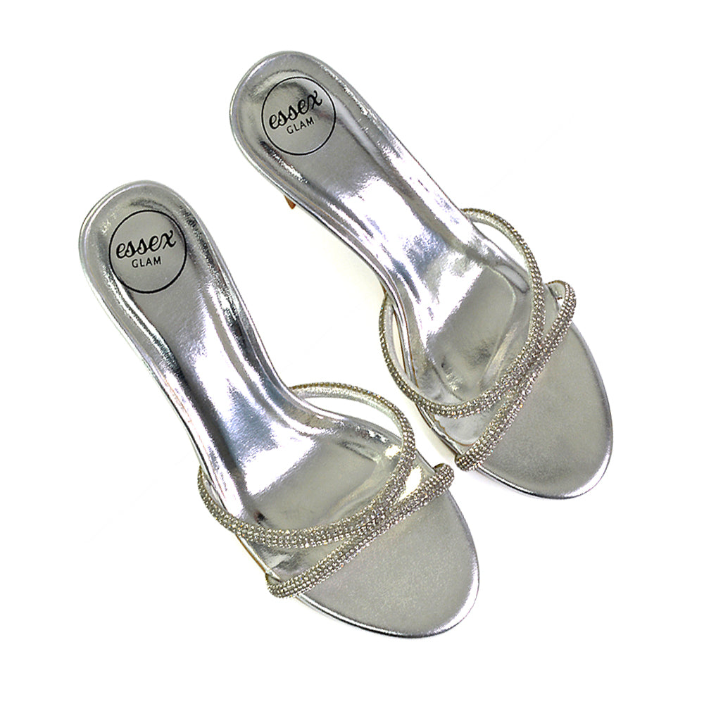 Paxton Diamante Strappy Mid High Heel Party Stiletto Mule Sandals In Silver