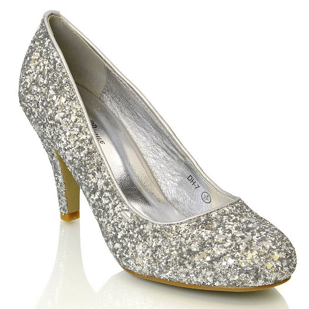 Dafney Pointed Closed Toe mid Stiletto High Heel Slip on Court Shoes in Silver Glitter UK 3 EU 36 US 5