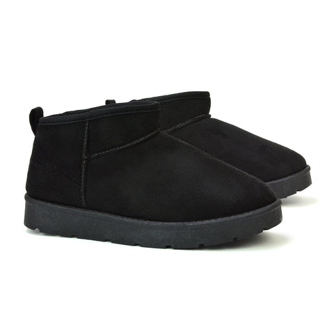 Angelina Flat Ankle Winter Ultra Mini Boots with Faux Fur Insole In Black