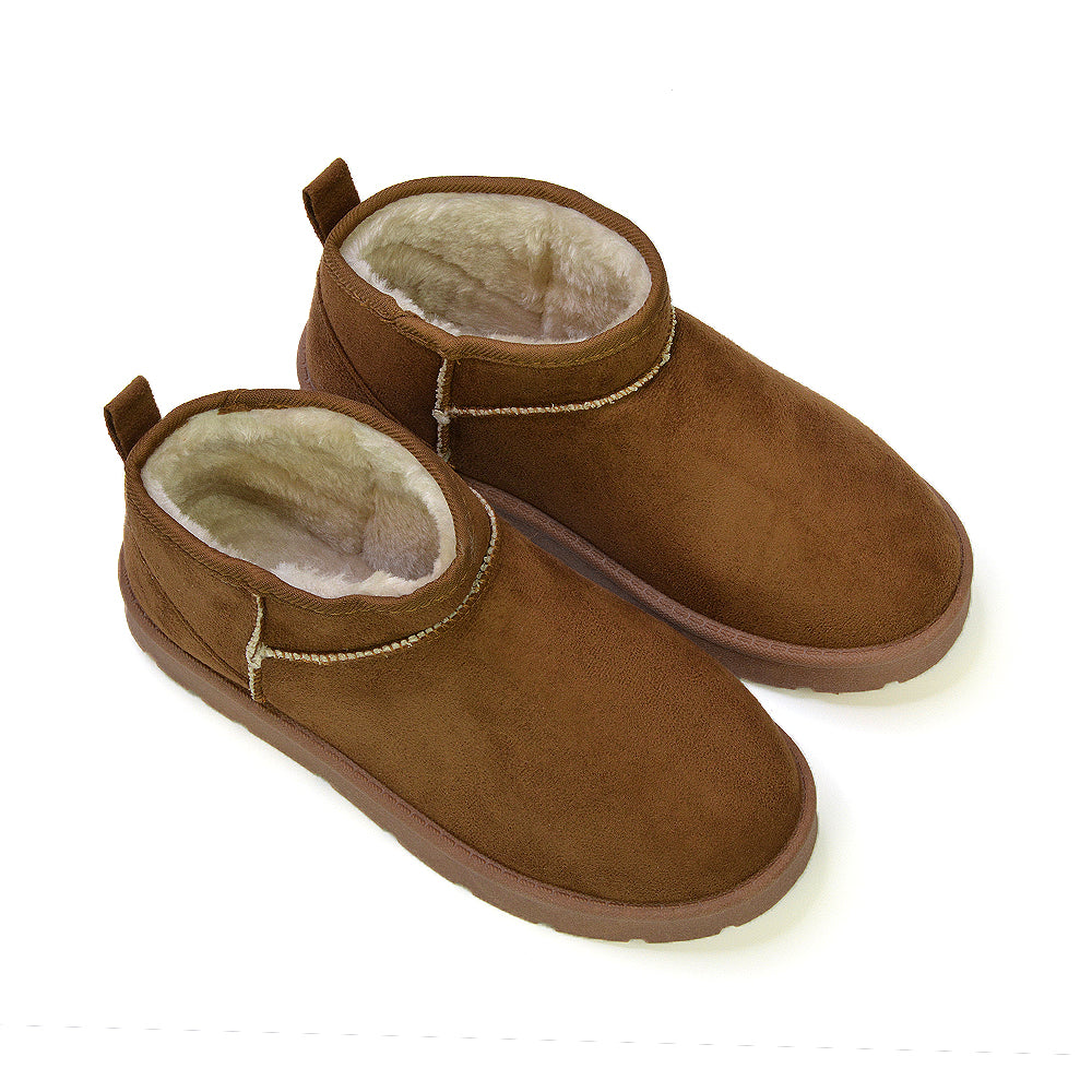 Angelina Flat Ankle Winter Ultra Mini Boots with Faux Fur Insole In Chestnut