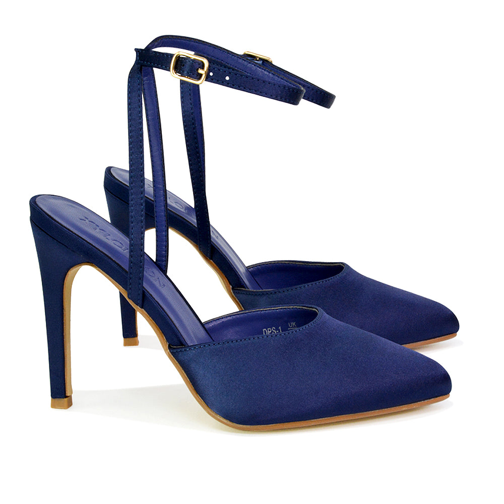 Liliane Pointed Toe Satin Court Heel Stiletto Bridal Shoes in Navy