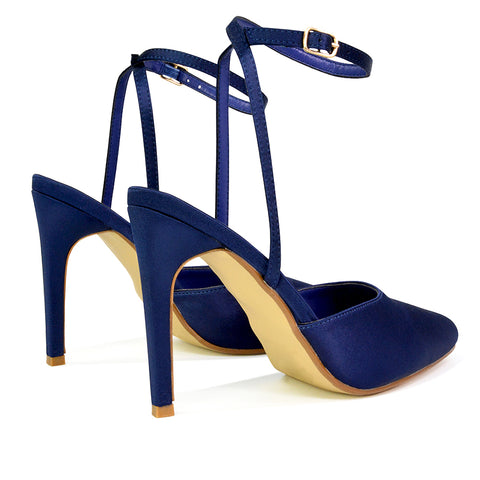 Liliane Pointed Toe Satin Court Heel Stiletto Bridal Shoes in Navy