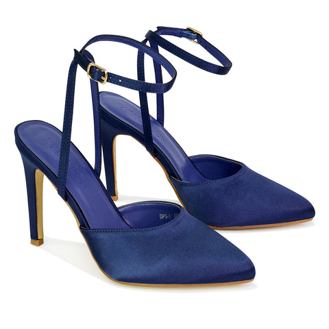 Liliane Pointed Toe Satin Court Heel Stiletto Bridal Shoes in Navy