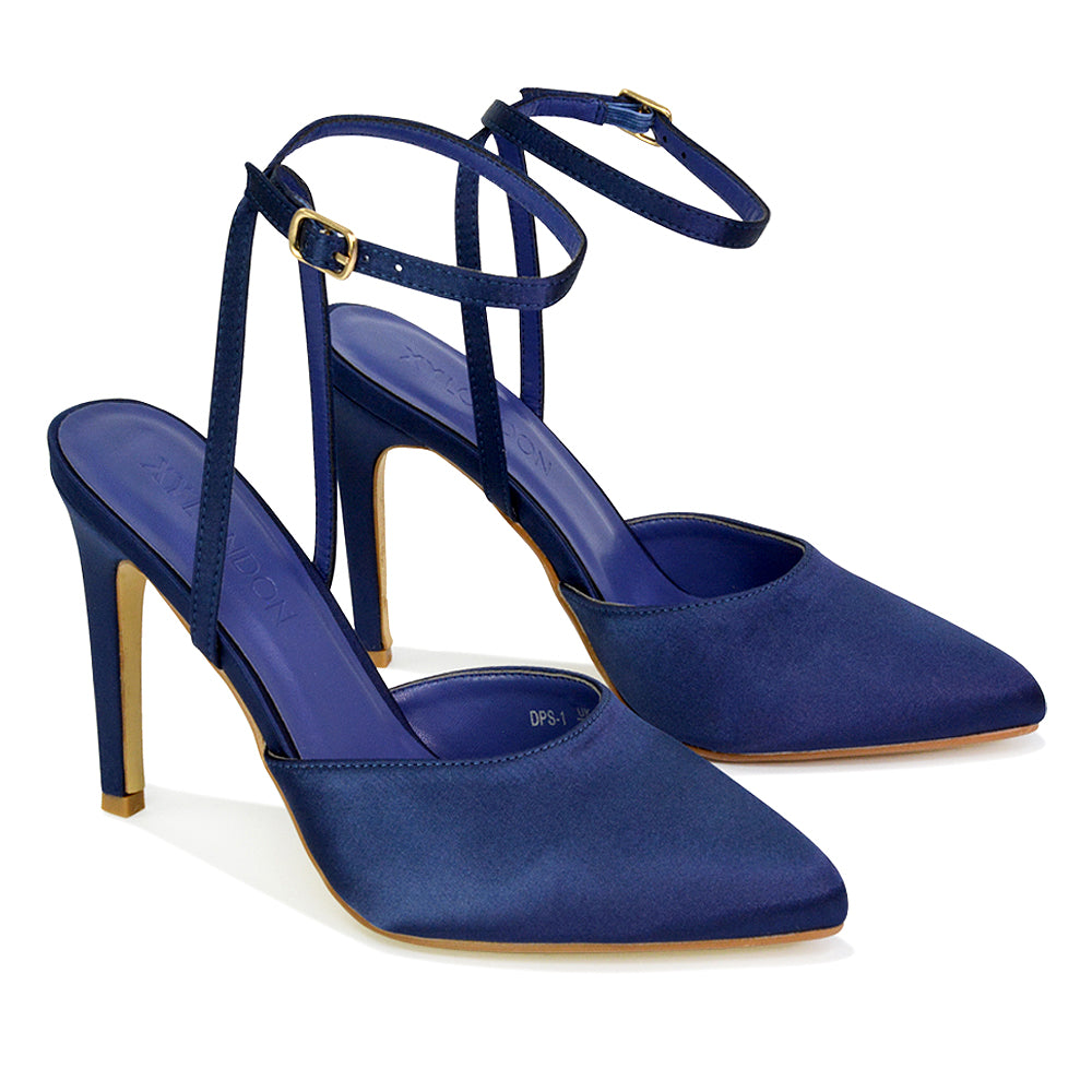 Liliane Pointed Toe Satin Court Heel Stiletto Bridal Shoes in Navy