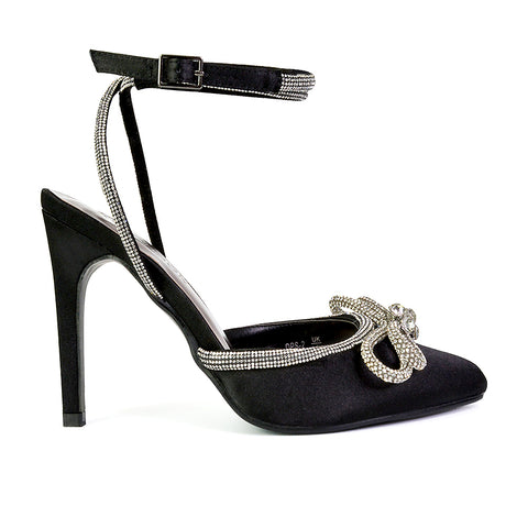 Saxon Strappy Stiletto High Heel Court Shoes With Diamante Bow in Black