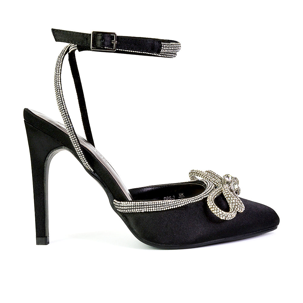Saxon Strappy Stiletto High Heel Court Shoes With Diamante Bow in Silver