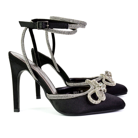 Saxon Strappy Stiletto High Heel Court Shoes With Diamante Bow in Ivory