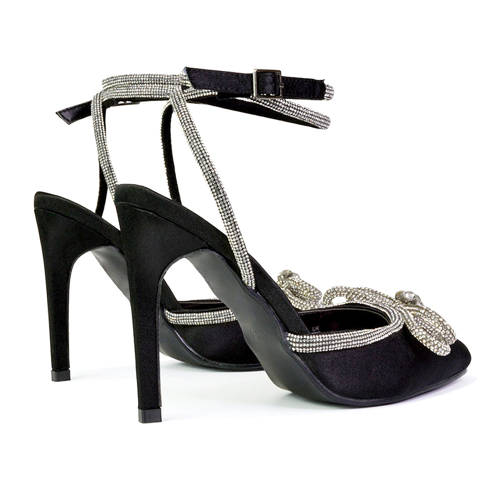 Saxon Strappy Stiletto High Heel Court Shoes With Diamante Bow in Silver