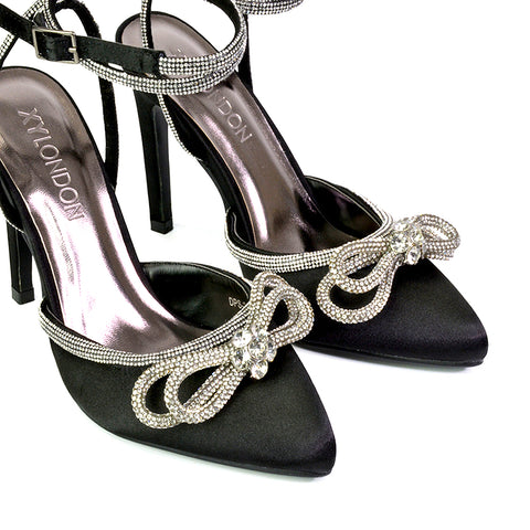 Saxon Strappy Stiletto High Heel Court Shoes With Diamante Bow in Pink