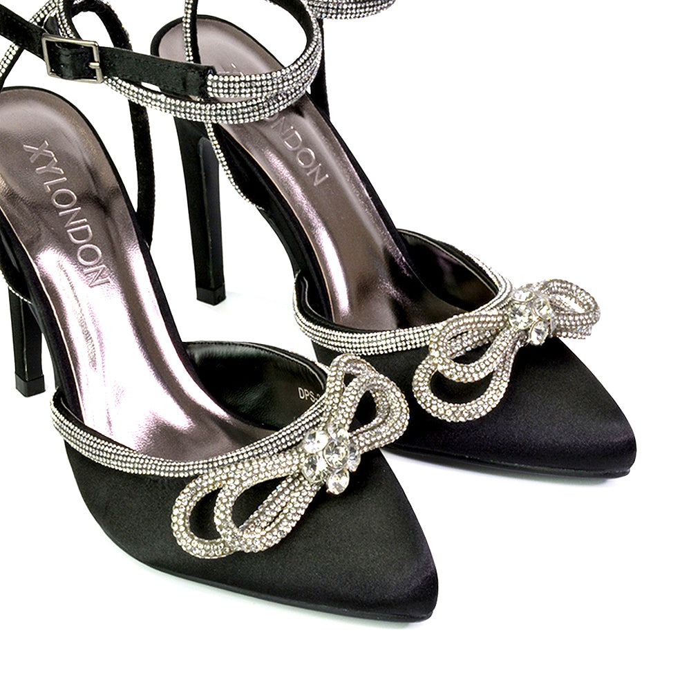 Saxon Strappy Stiletto High Heel Court Shoes With Diamante Bow in Silver