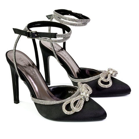 Saxon Strappy Stiletto High Heel Court Shoes With Diamante Bow in Black
