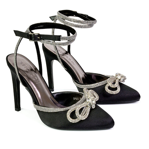 Saxon Strappy Stiletto High Heel Court Shoes With Diamante Bow in Silver