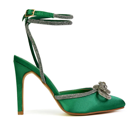 Saxon Strappy Stiletto High Heel Court Shoes With Diamante Bow in Green