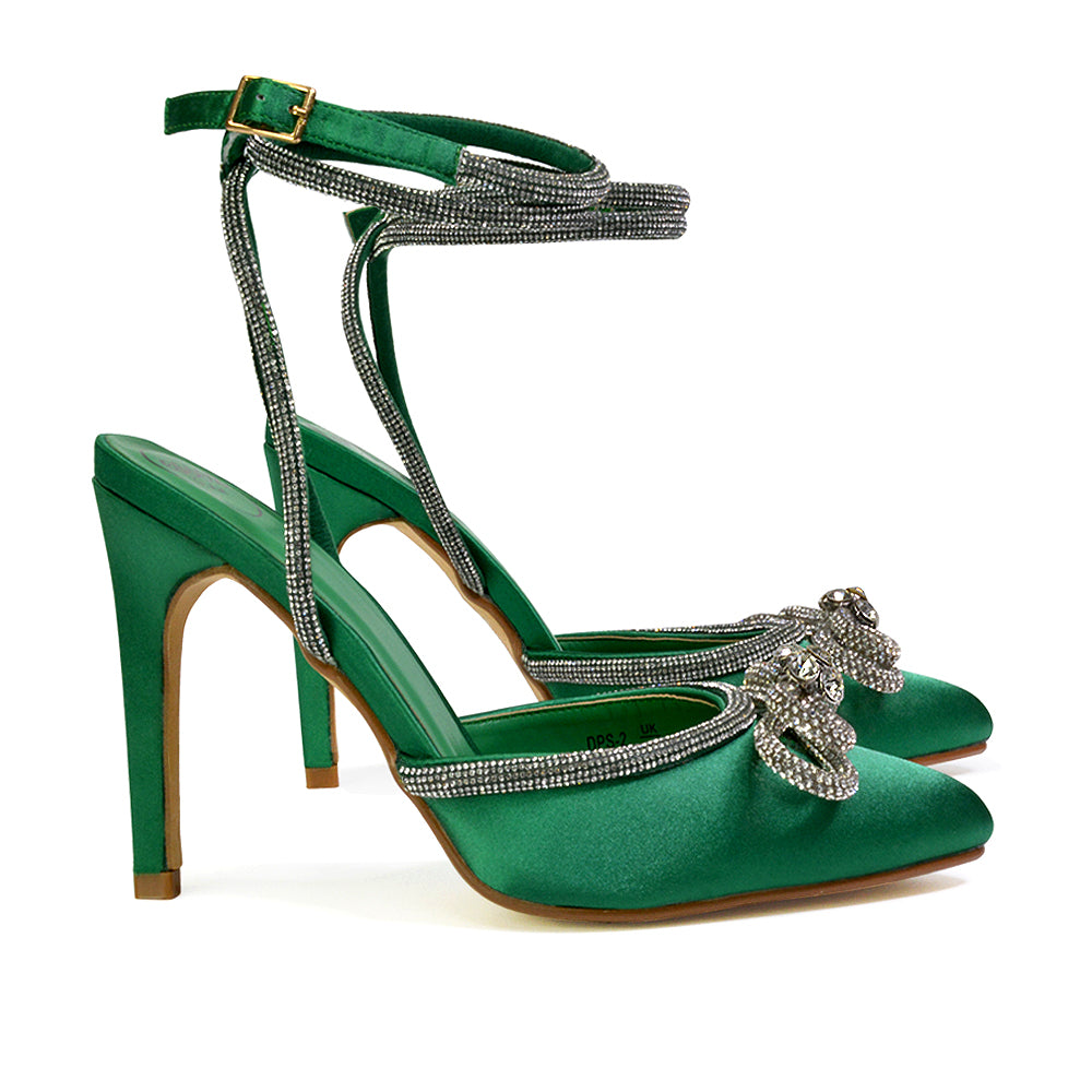 Saxon Strappy Stiletto High Heel Court Shoes With Diamante Bow in Green