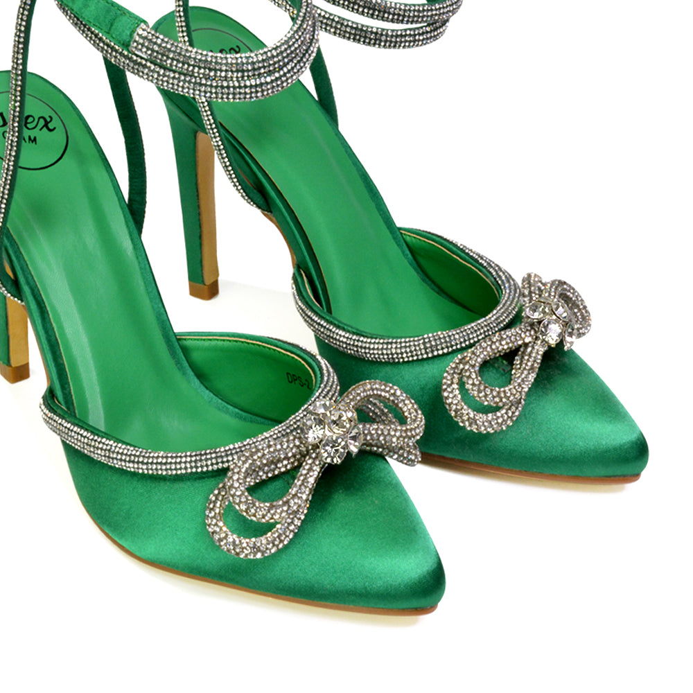 Saxon Strappy Stiletto High Heel Court Shoes With Diamante Bow in Green