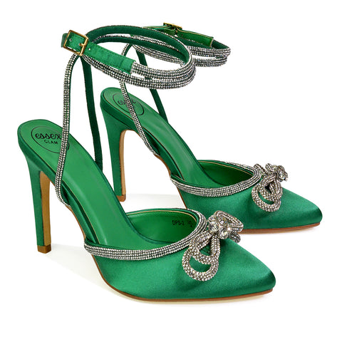 Saxon Strappy Stiletto High Heel Court Shoes With Diamante Bow in Green