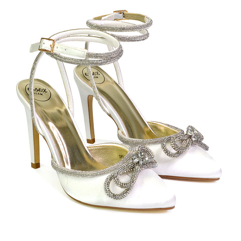 Saxon Strappy Stiletto High Heel Court Shoes With Diamante Bow in Silver