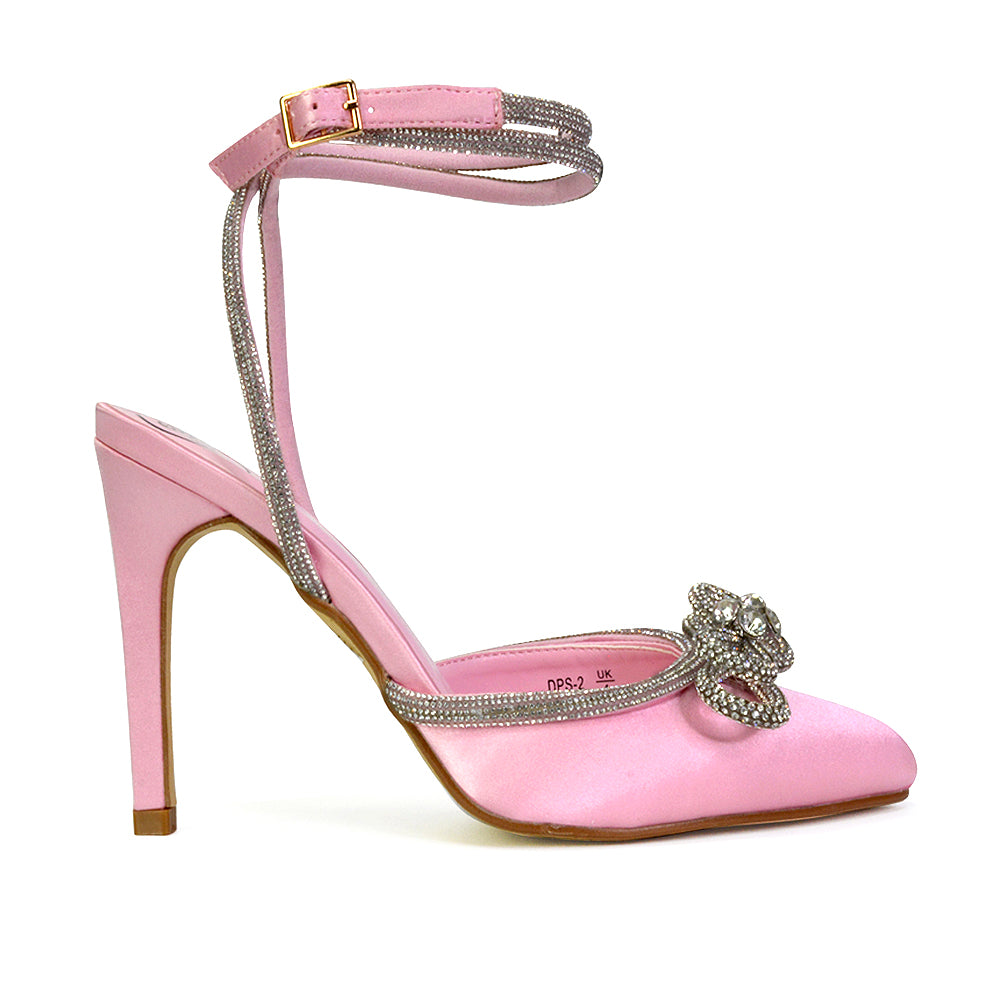 Saxon Strappy Stiletto High Heel Court Shoes With Diamante Bow in Pink