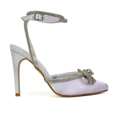 Saxon Strappy Stiletto High Heel Court Shoes With Diamante Bow in Silver