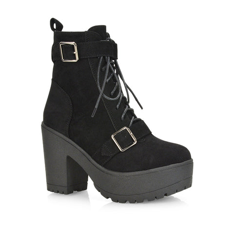 Tina Buckle Lace up Biker Block High Heel Platform Chunky Boots in Black Faux Suede