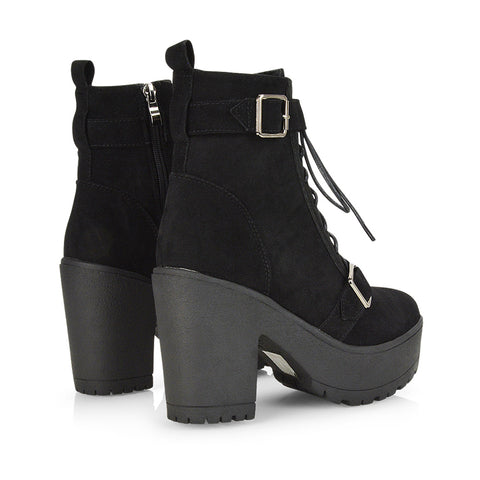 Tina Buckle Lace up Biker Block High Heel Platform Chunky Boots in Black PU