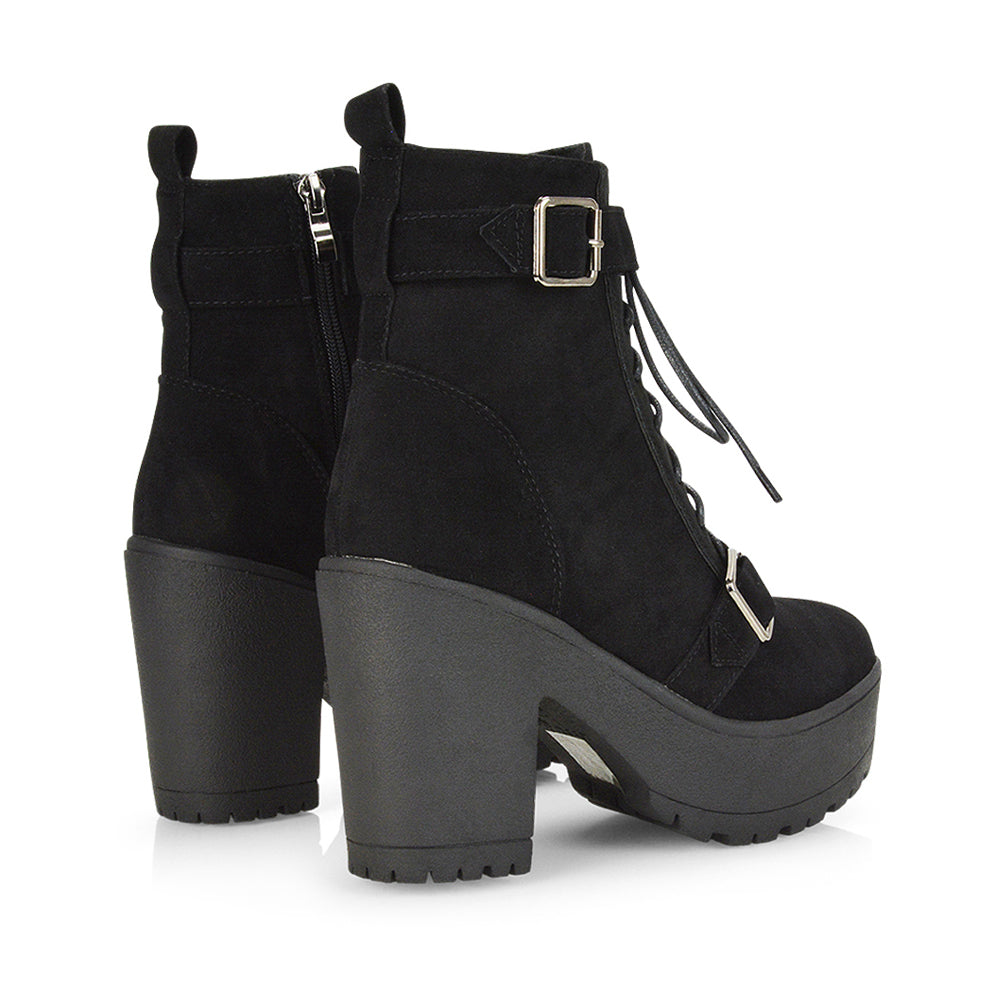 Tina Buckle Lace up Biker Block High Heel Platform Chunky Boots in Black Faux Suede