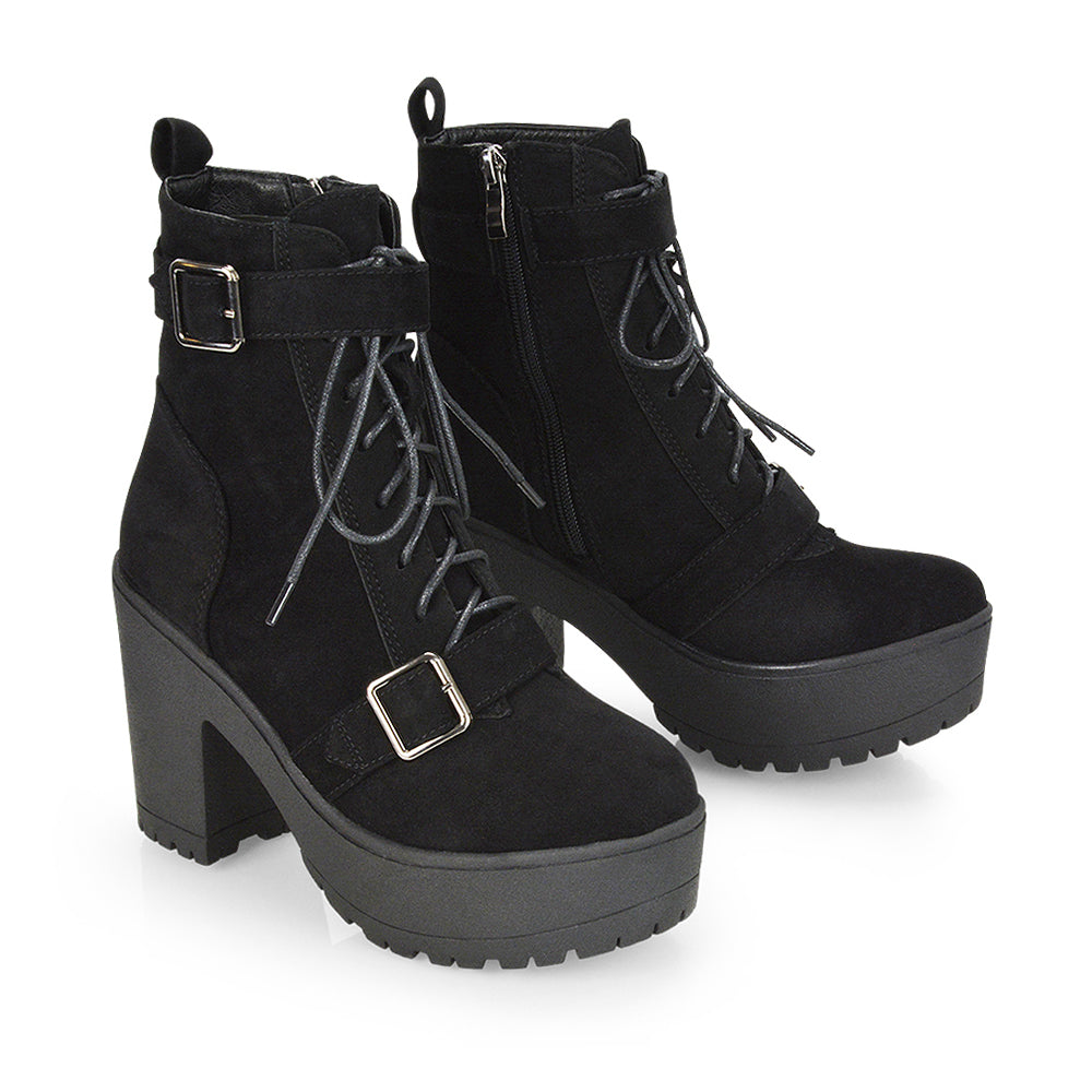 Tina Buckle Lace up Biker Block High Heel Platform Chunky Boots in Black Faux Suede