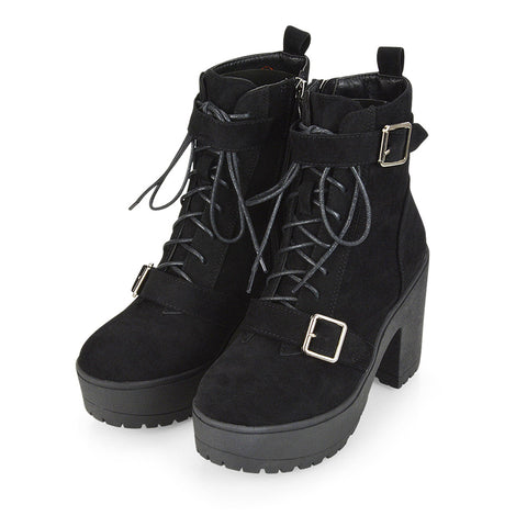 Tina Buckle Lace up Biker Block High Heel Platform Chunky Boots in Black Faux Suede