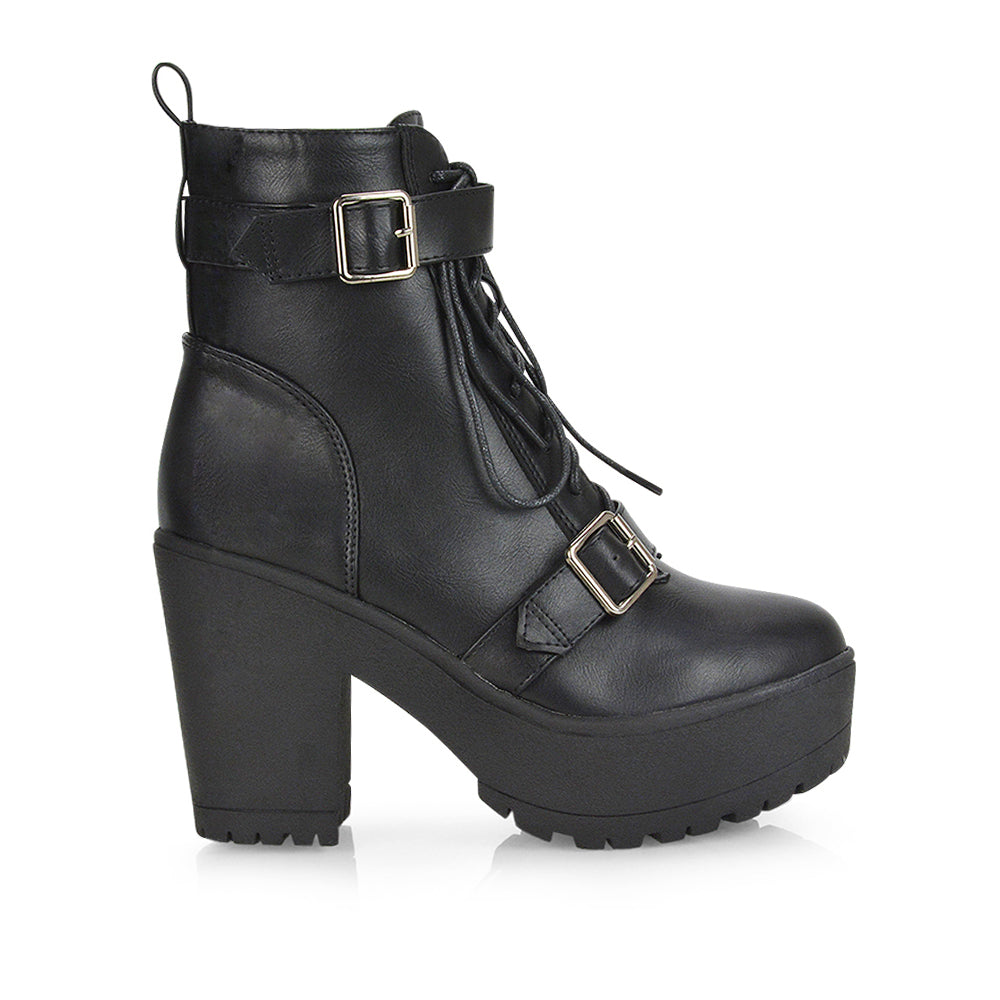 Tina Buckle Lace up Biker Block High Heel Platform Chunky Boots in Black PU