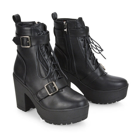 Tina Buckle Lace up Biker Block High Heel Platform Chunky Boots in Black PU