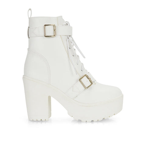 Tina Buckle Lace up Biker Block High Heel Platform Chunky Boots in White
