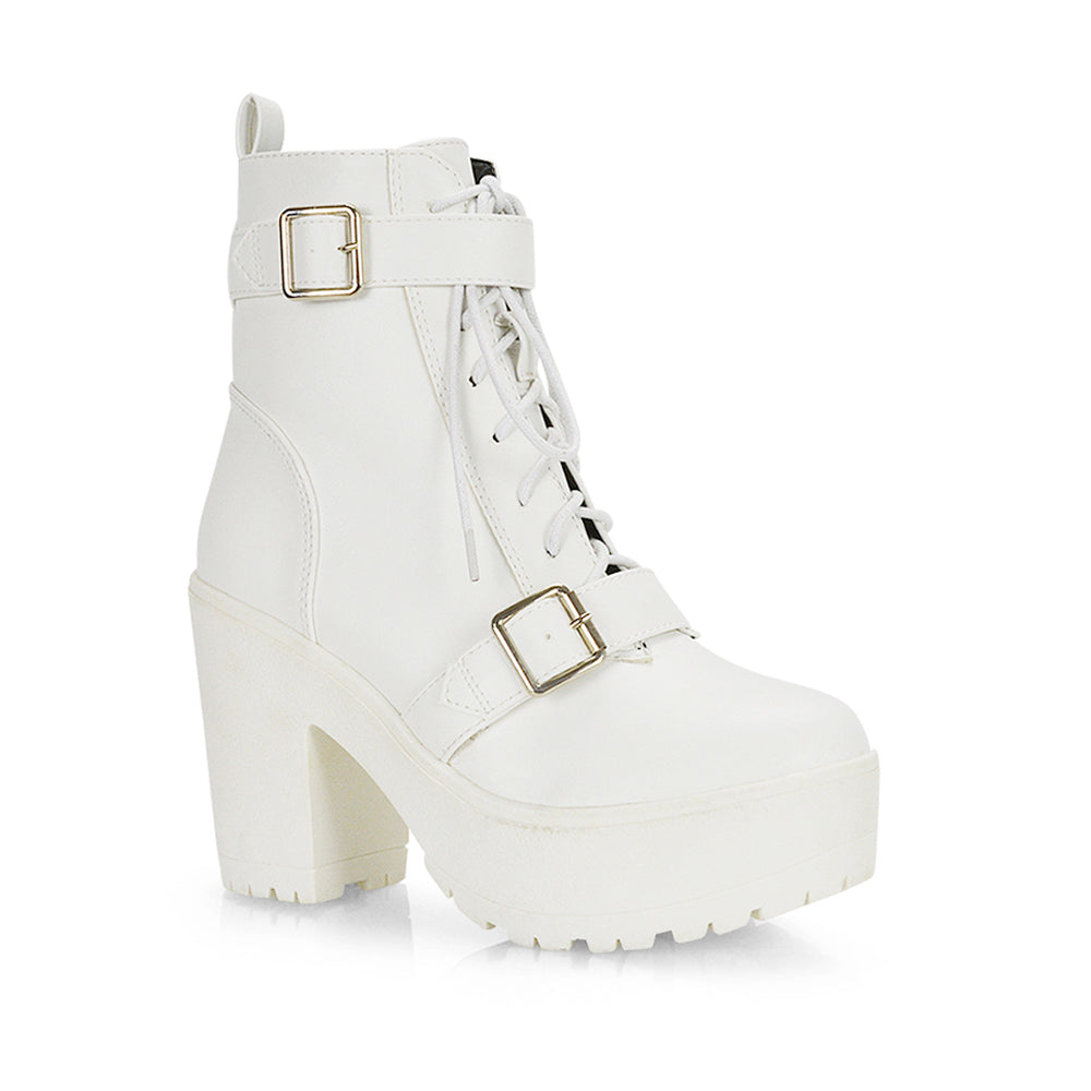 Tina Buckle Lace up Biker Block High Heel Platform Chunky Boots in White