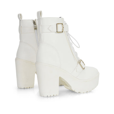 Tina Buckle Lace up Biker Block High Heel Platform Chunky Boots in White