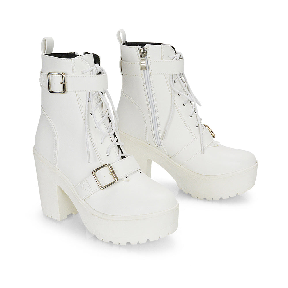 Tina Buckle Lace up Biker Block High Heel Platform Chunky Boots in White