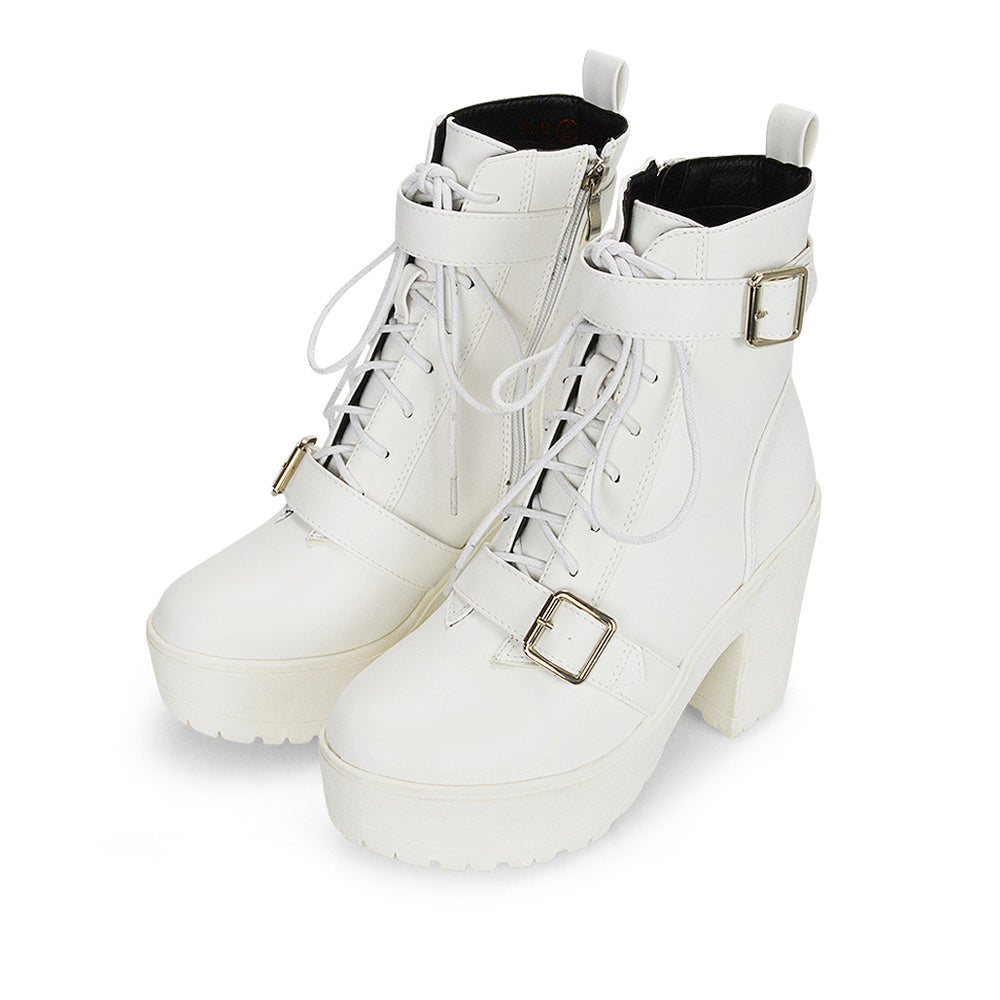 Tina Buckle Lace up Biker Block High Heel Platform Chunky Boots in White