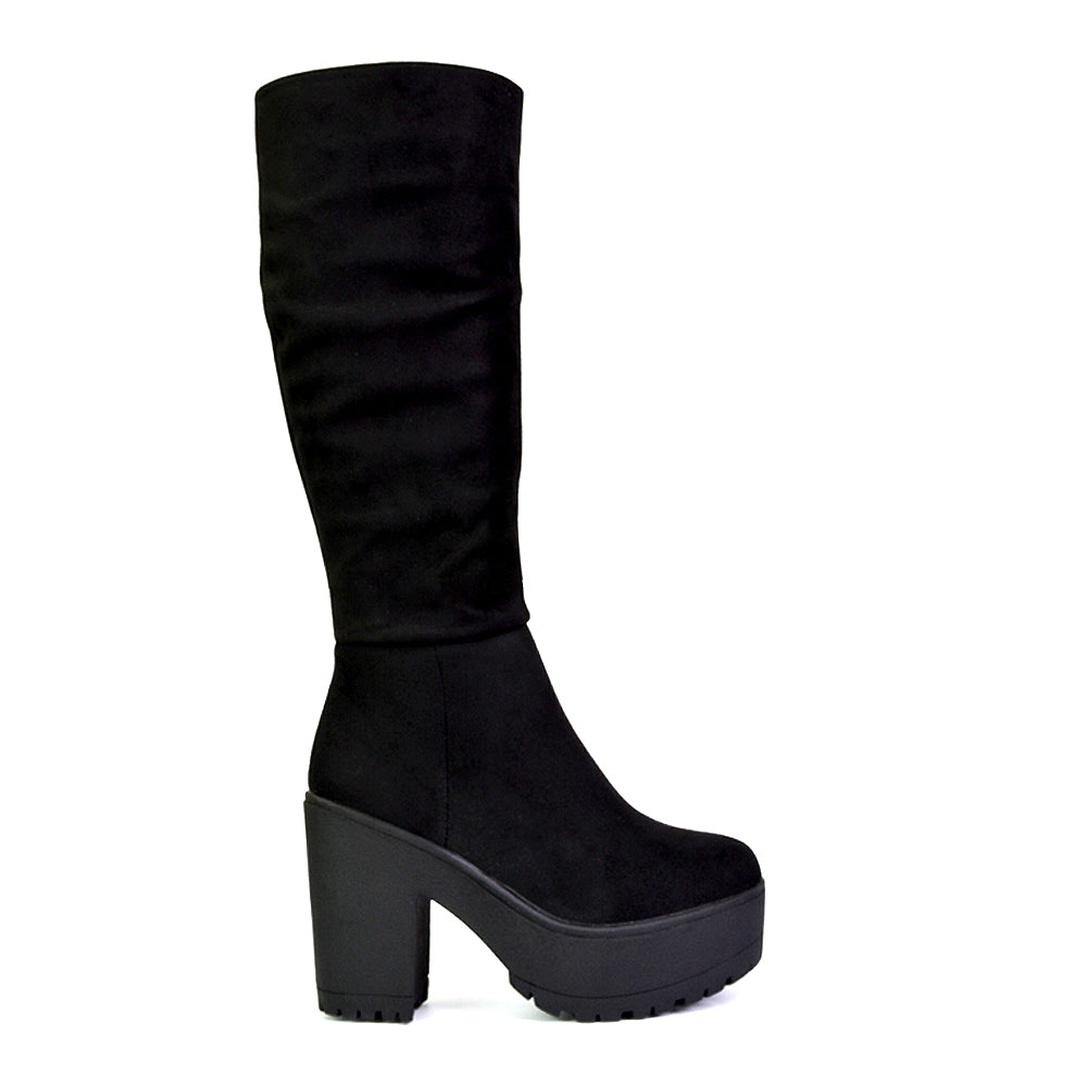 Austin Ruched Knee High Chunky Block High Heeled Boots Platform Shoes in Black Faux Suede