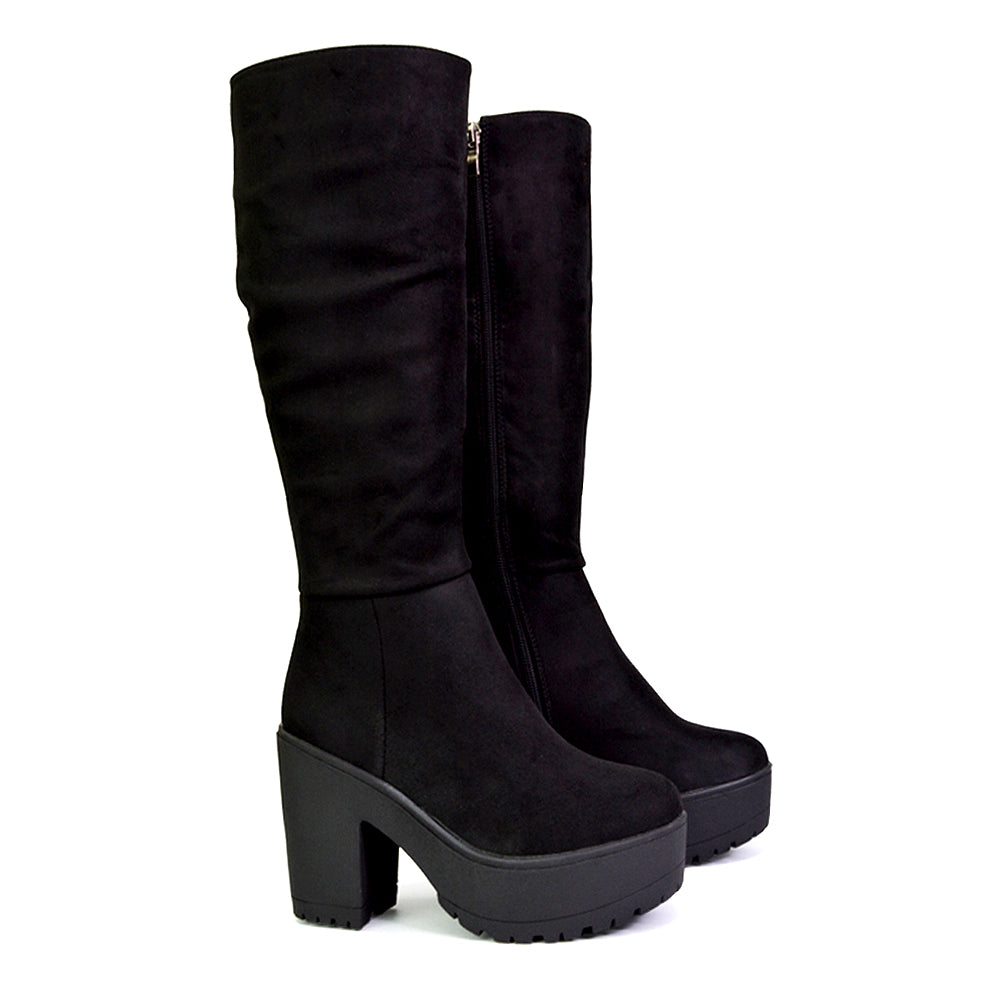 Austin Ruched Knee High Chunky Block High Heeled Boots Platform Shoes in Black Faux Suede