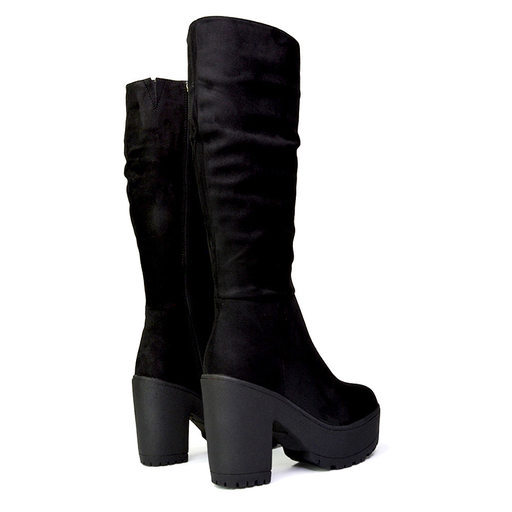 Austin Ruched Knee High Chunky Block High Heeled Boots Platform Shoes in Black Faux Suede