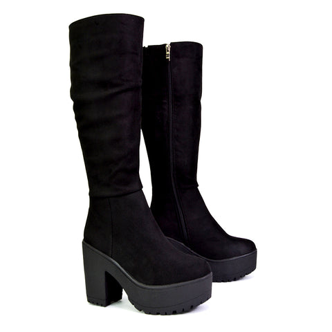 Austin Ruched Knee High Chunky Block High Heeled Boots Platform Shoes in Black Faux Suede