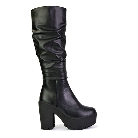 Austin Ruched Knee High Chunky Block High Heeled Boots Platform Shoes in Black Faux Suede
