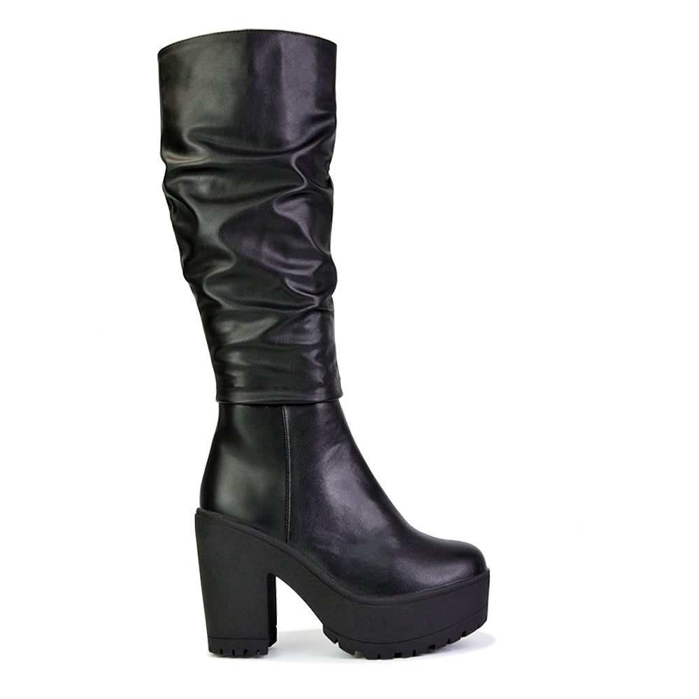 Austin Ruched Knee High Chunky Block High Heeled Boots Platform Shoes in Black Synthetic Leather