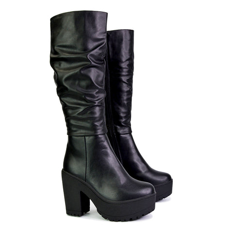 Austin Ruched Knee High Chunky Block High Heeled Boots Platform Shoes in Black Faux Suede