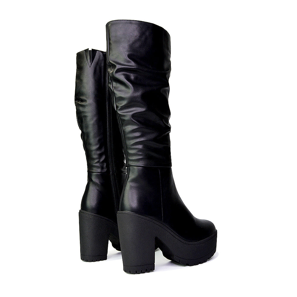 Austin Ruched Knee High Chunky Block High Heeled Boots Platform Shoes in Black Faux Suede