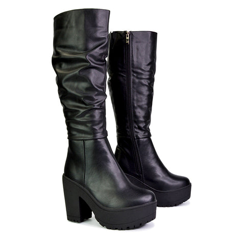 Austin Ruched Knee High Chunky Block High Heeled Boots Platform Shoes in Black Faux Suede