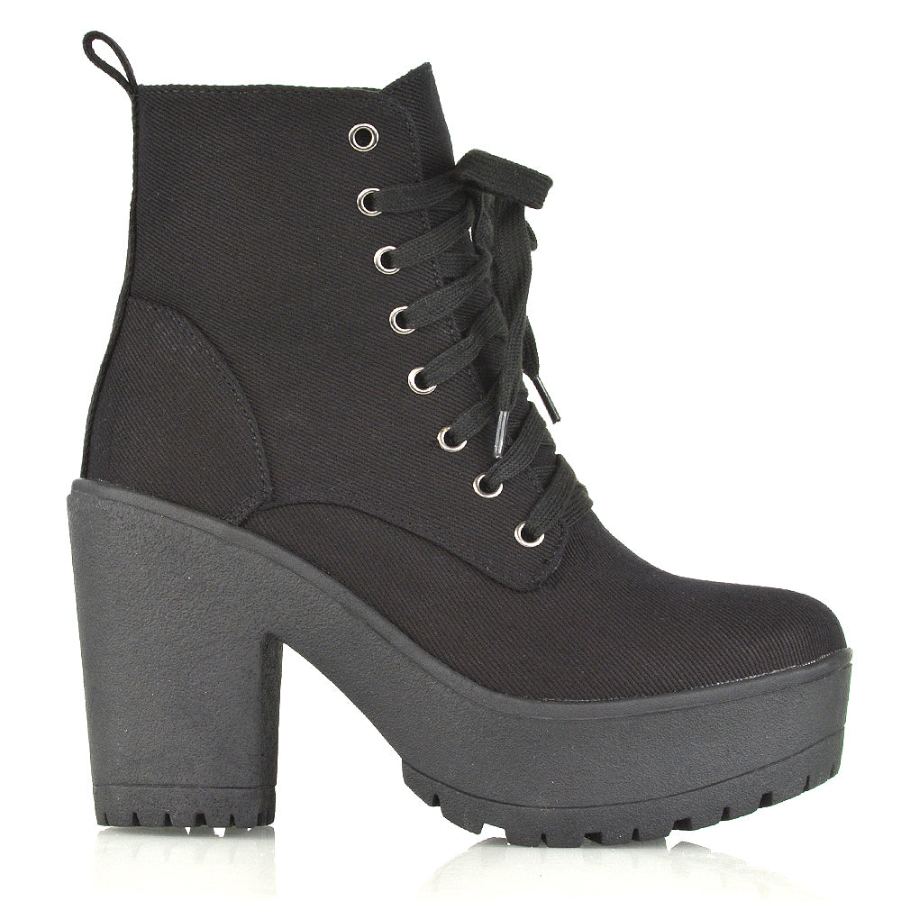 Merida Lace up Chunky Platform Block High Heel Ankle Boots in Black Synthetic Leather