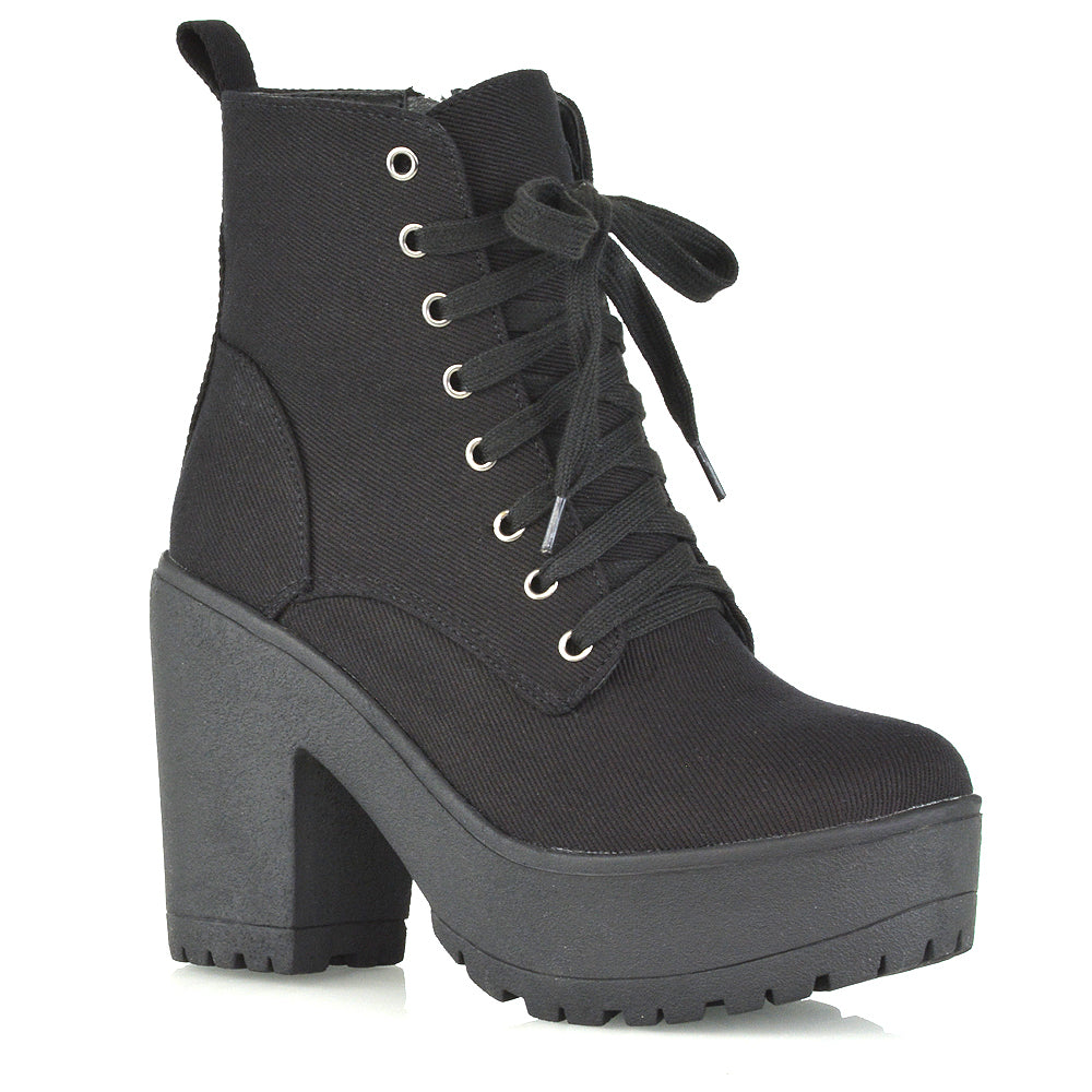 Merida Lace up Chunky Platform Block High Heel Ankle Boots in Black Synthetic Leather