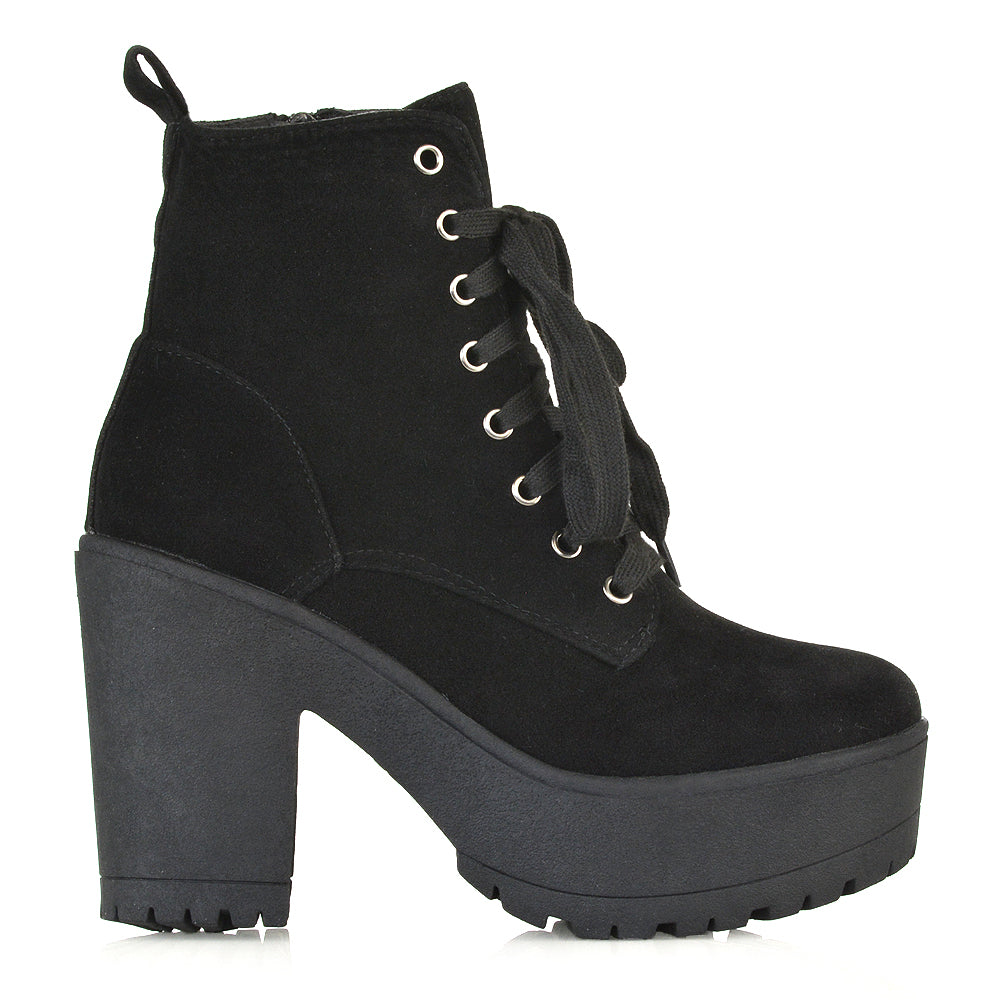 Merida Lace up Chunky Platform Block High Heel Ankle Boots in Black Faux Suede